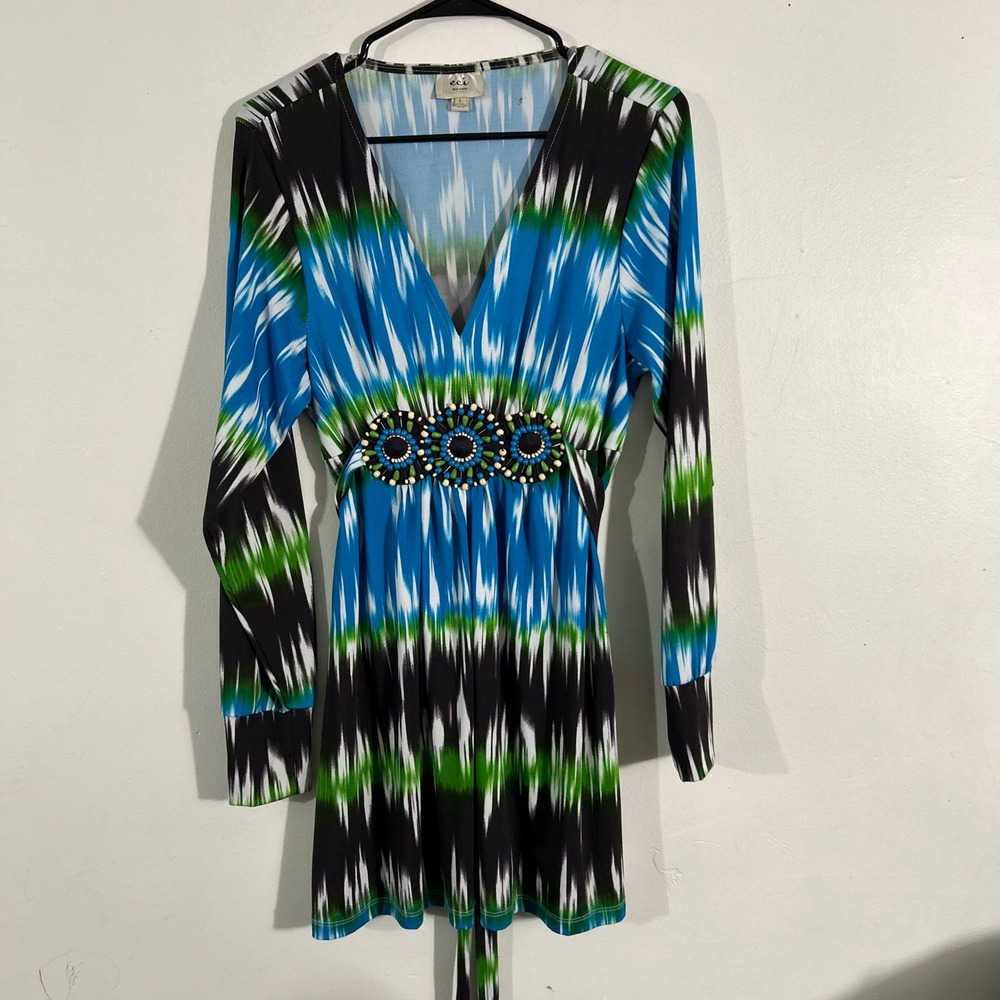 ECI New York Tunic Top Womens Large Blue Green Ikat Beaded Empire Waist Boho L